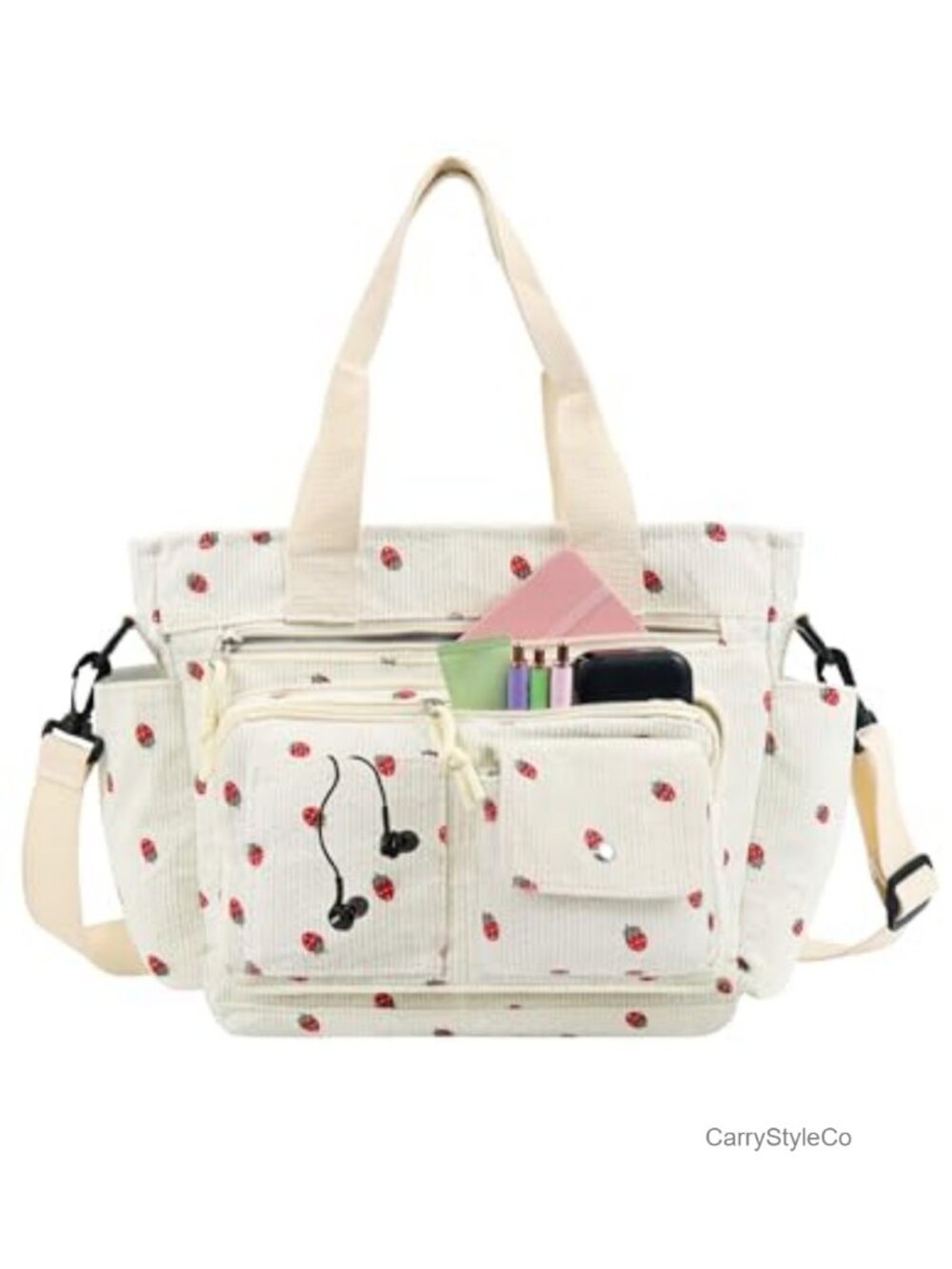 Corduroy Multi-Pocket Crossbody Tote Bag with Adjustable Strap